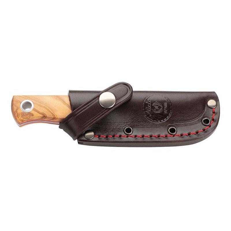 Nieto Yesca Mini G&uuml;rtelmesser, 1.4116-Stahl, Olivenholz, Hohlnieten, Braune Leder