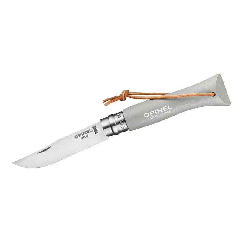 Opinel No 06 Taschenmesser, Buchenholz-Griff, Edelstahl, Rostfrei, Virobloc, Lederkordel, Hellgrau