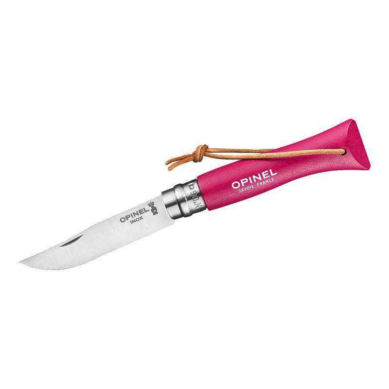Opinel No 06 Taschenmesser, Buchenholz-Griff, Edelstahl, Rostfrei, Virobloc, Lederkordel, Magenta