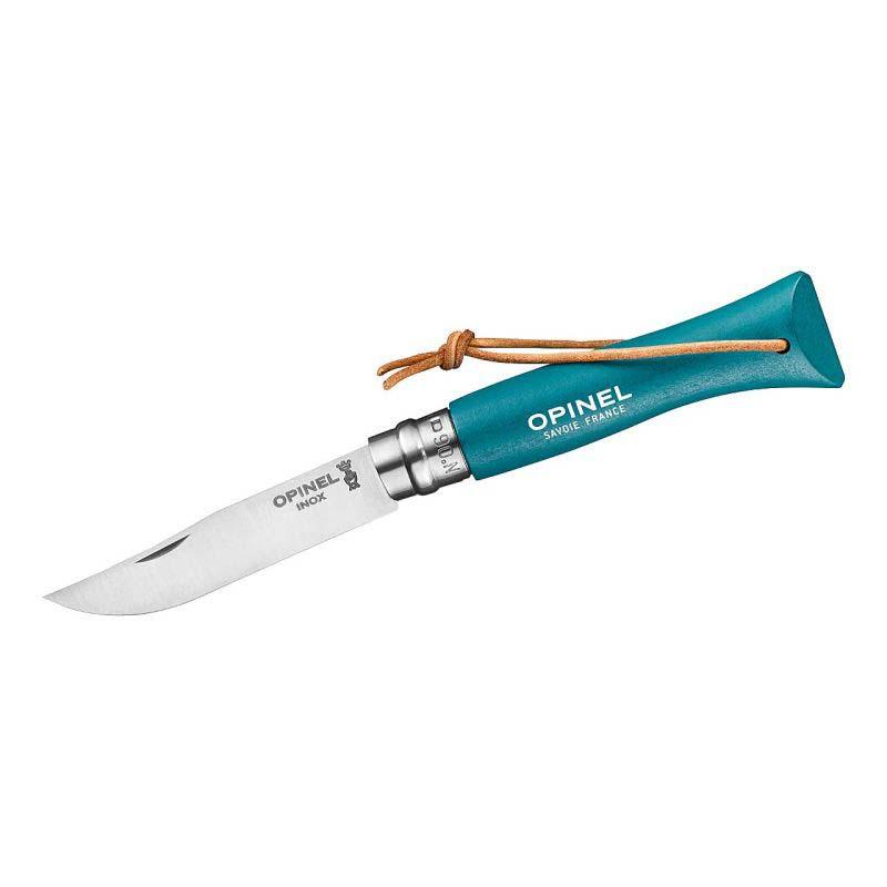 Opinel No 06 Taschenmesser, Buchenholz-Griff, Edelstahl, Rostfrei, Virobloc, Lederkordel, T&uuml;rkis