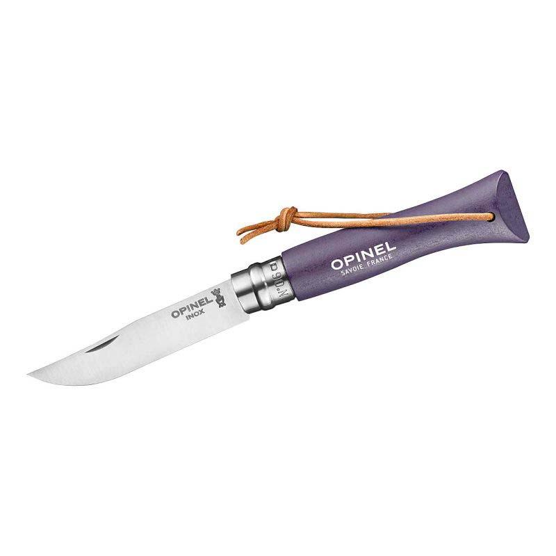 Opinel No 06 Taschenmesser, Buchenholz-Griff, Edelstahl, Rostfrei, Virobloc, Lederkordel, Violett