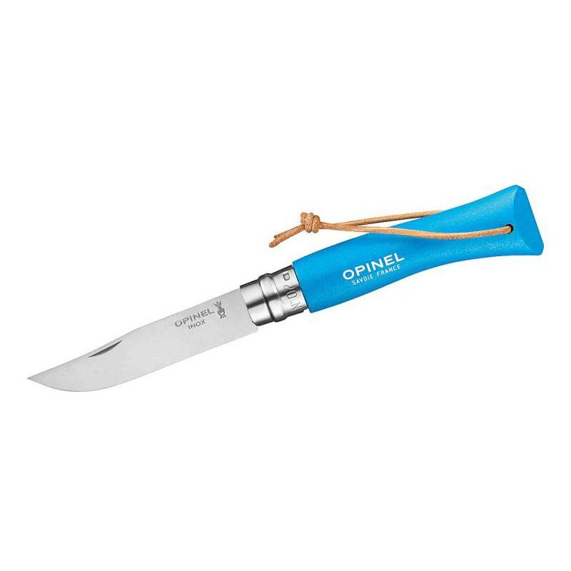 Opinel No 07 Taschenmesser, Buchenholz-Griff, Edelstahl, Rostfrei, Virobloc, Lederkordel, Blau