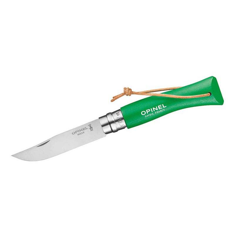 Opinel No 07 Taschenmesser, Buchenholz-Griff, Edelstahl, Rostfrei, Virobloc, Lederkordel, Gr&uuml;n