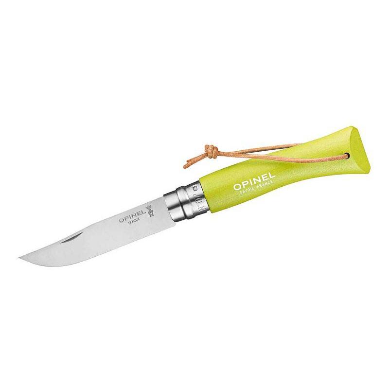 Opinel No 07 Taschenmesser, Buchenholz-Griff, Edelstahl, Rostfrei, Virobloc, Lederkordel, Hellgr&uuml;n