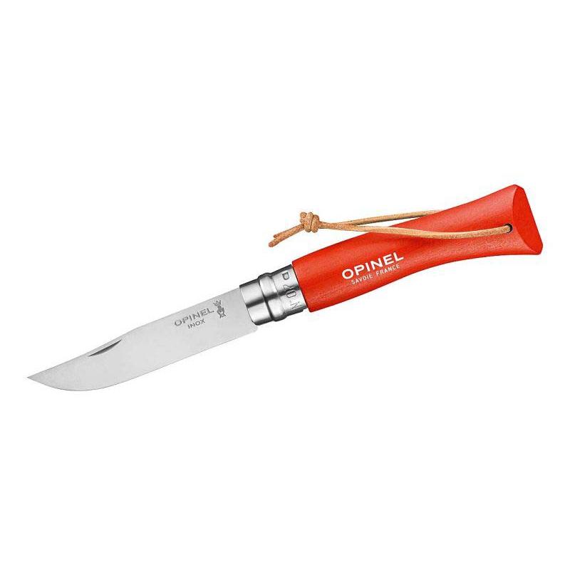 Opinel No 07 Taschenmesser, Buchenholz-Griff, Edelstahl, Rostfrei, Virobloc, Lederkordel, Orange