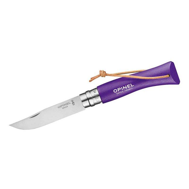Opinel No 07 Taschenmesser, Buchenholz-Griff, Edelstahl, Rostfrei, Virobloc, Lederkordel, Violett