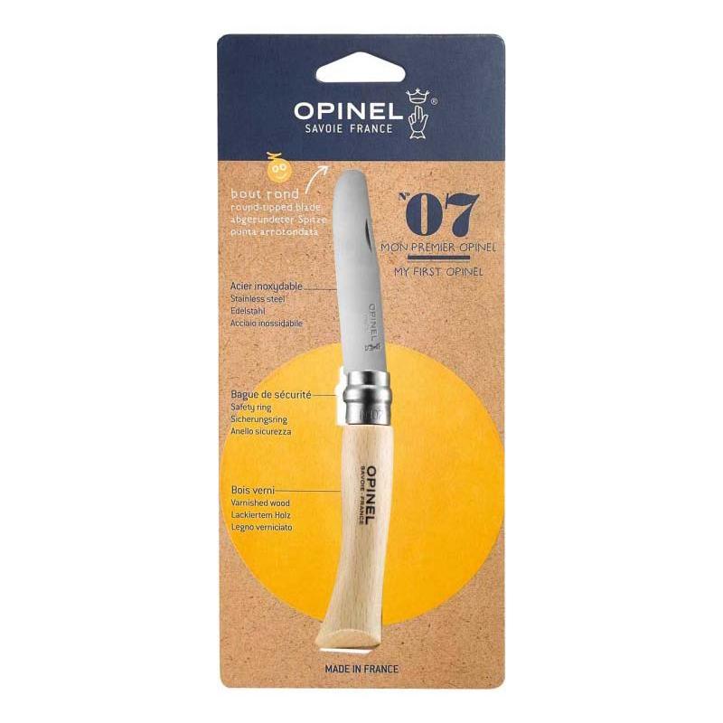 Opinel No 07 Kindermesser, Edelstahl, Rostfrei, Abgerundete Spitze, Virobloc, Buche, Natur