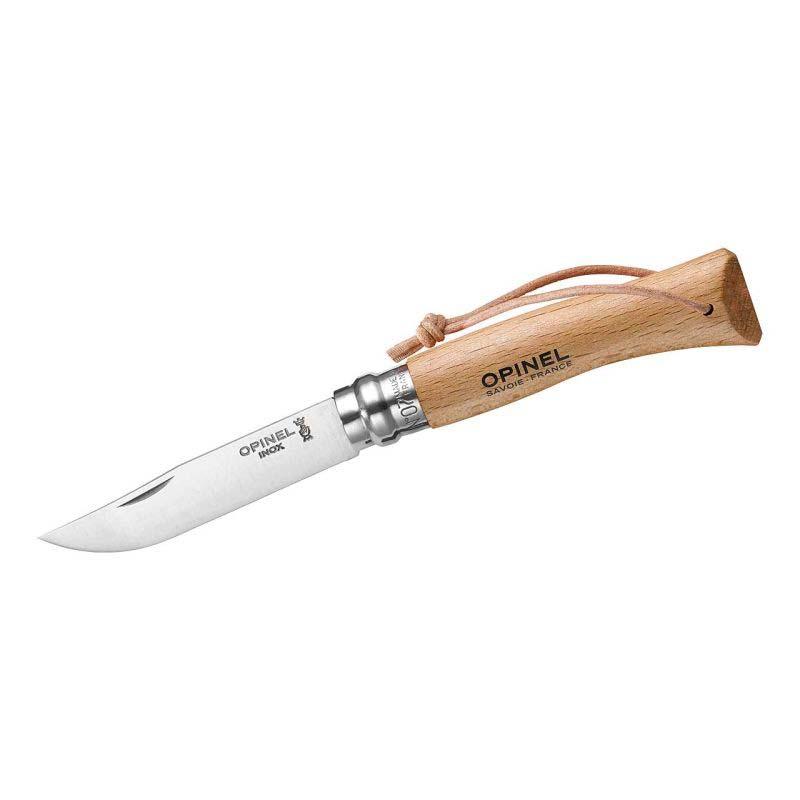 Opinel No 07 Taschenmesser, Buchenholz-Griff, Edelstahl, Rostfrei, Virobloc, Lederkordel