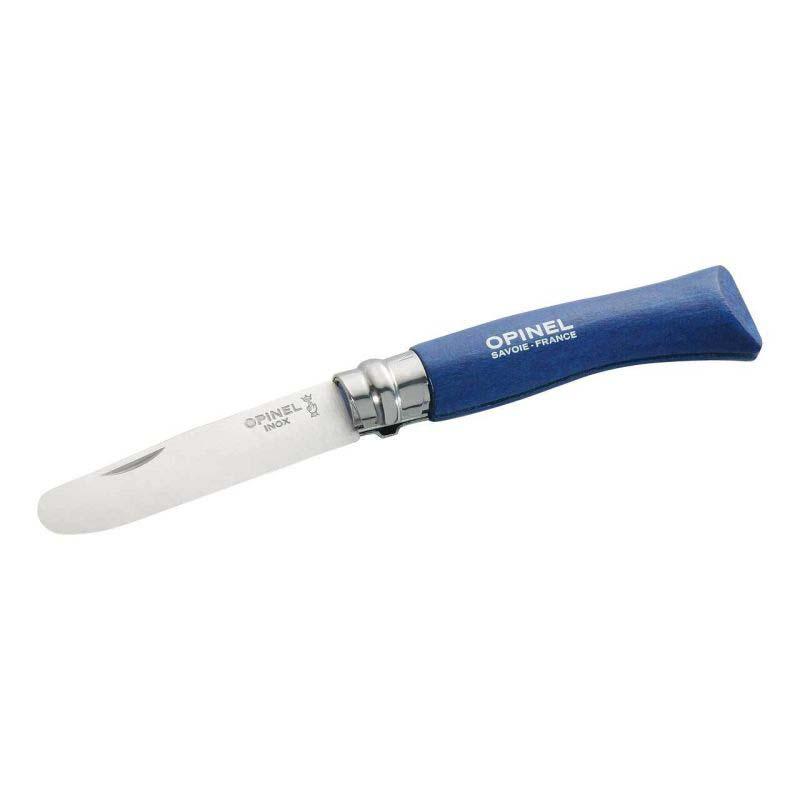 Opinel No 07 Kindermesser, Edelstahl, Rostfrei, Abgerundete Spitze, Virobloc, Buchenholz-Griff, Blau