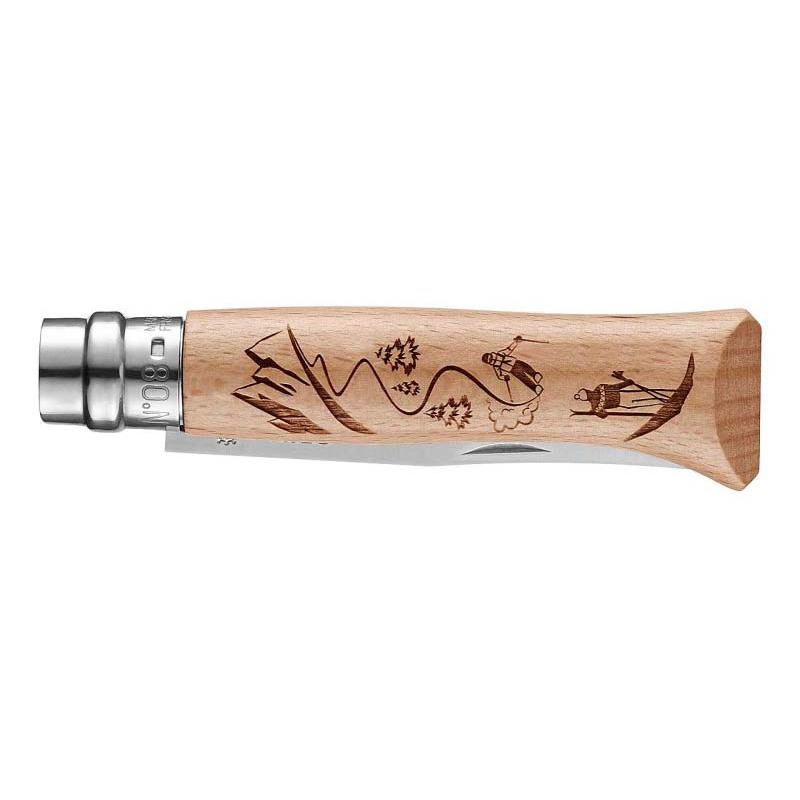 Opinel No 08 Gravure Ski Taschenmesser, Sandvik 12C27-Stahl, Rostfrei, Buchenholz-Griff, Virobloc