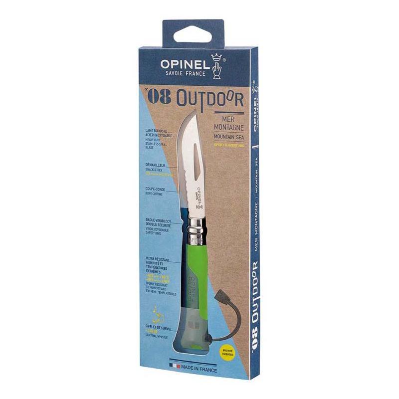 Opinel-No 08 Outdoor Taschenmesser, Sandvik Stahl, Rostfrei, Polyamide Gr&uuml;n, Pfeife, Sch&auml;kell&ouml;ser