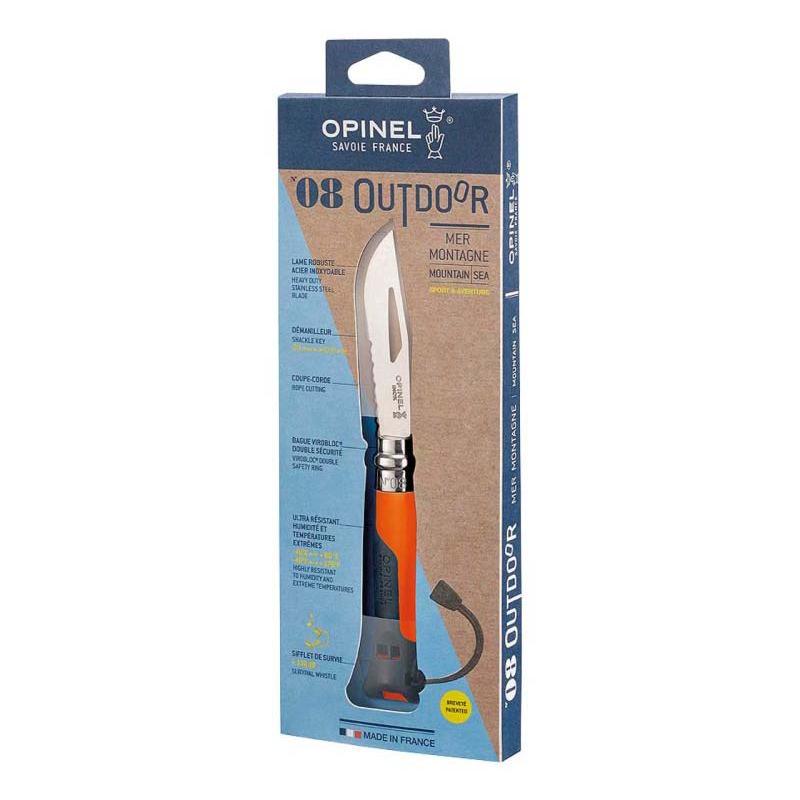 Opinel No 08 Outdoor Taschenmesser, Sandvik Stahl, Rostfrei, Polyamide Orange, Pfeife, Sch&auml;kell&ouml;ser