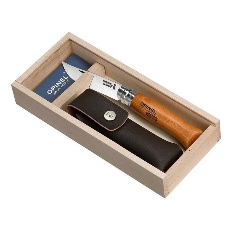 Opinel No 08 Taschenmesser, Carbon, Buchenholz-Griff, Nicht Rostfrei, Etui, Holzbox