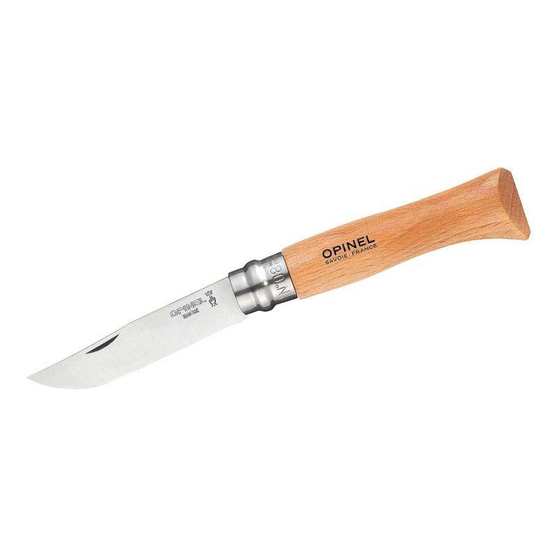 Opinel No 08 Taschenmesser, Buchenholz-Griff, Sandvik 12C27-Stahl, Rostfrei, Virobloc