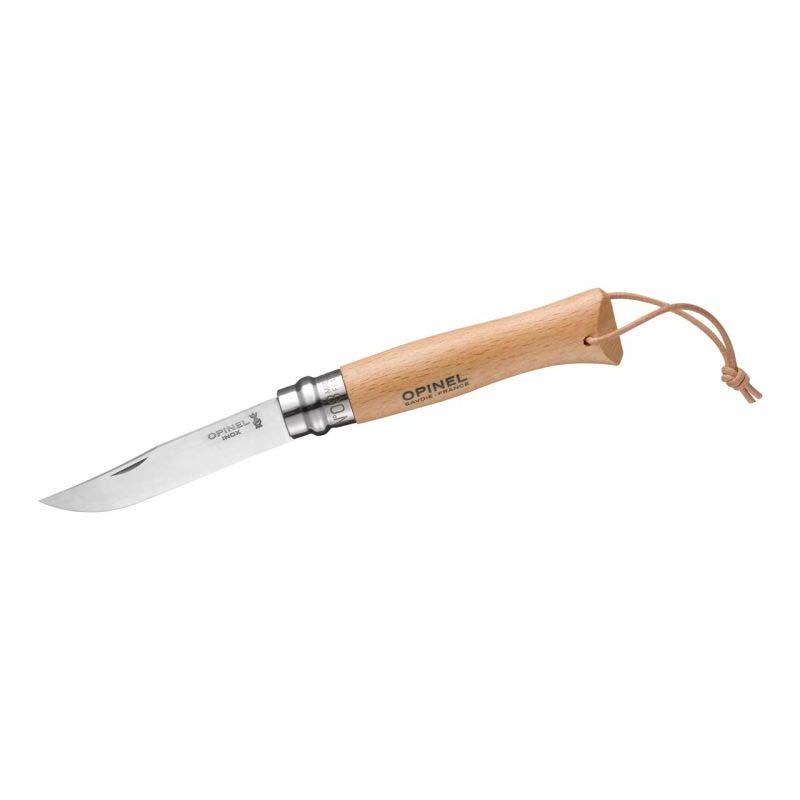 Opinel No 08 Baroudeur Taschenmesser, Buche, Sandvik Stahl, Rostfrei, Virobloc, Lederkordel,