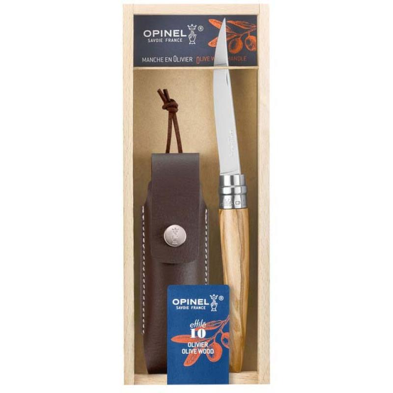 Opinel No 10 Effile Taschenmesser, Rostfrei, Olivenholz-Griff, Mit Etui, In Holz-Geschenkbox
