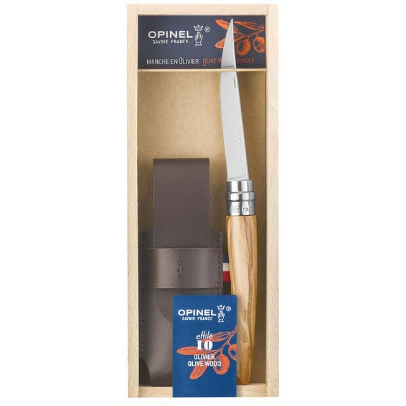 Opinel No 10 Effile Taschenmesser, Rostfrei, Olivenholz-Griff, Mit Etui, In Holz-Geschenkbox