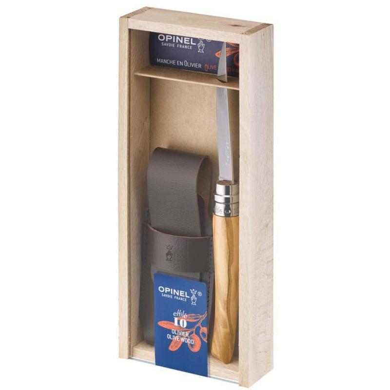 Opinel No 10 Effile Taschenmesser, Rostfrei, Olivenholz-Griff, Mit Etui, In Holz-Geschenkbox