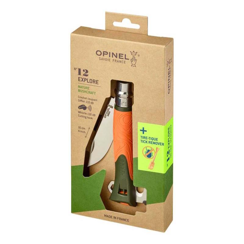 Opinel No 12 Explore Taschenmesser Mit Zeckenzange, Sandvik Stahl, Rostfrei, Orange/Grau, Virobloc