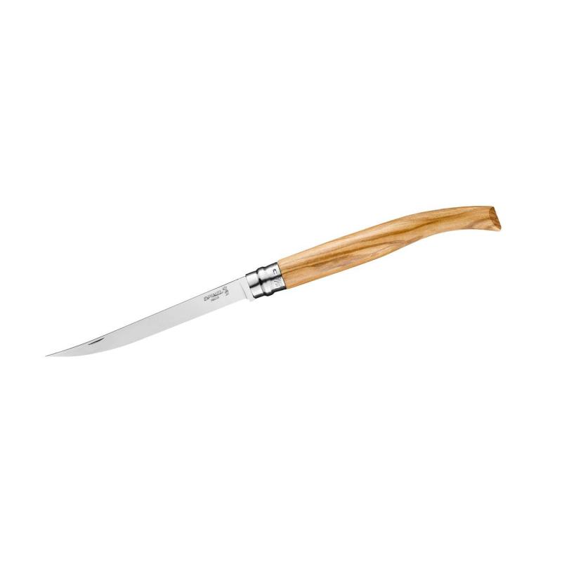 Opinel No 15 Effile Filetiermesser, Sandvik 12C27-Stahl, Rostfrei, Virobloc, Olivenholz-Griff