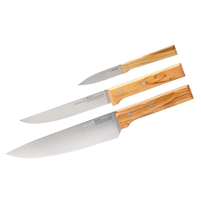 Opinel Parallele Trio Messer-Set, 3Tlg, Rostfreier Stahl, Olivenholz, Tranchier- Und Allzweckmesser