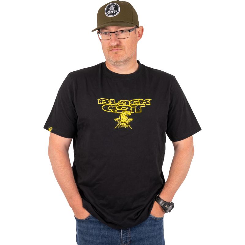 Black Cat Distressed Logo Black Tee XXXL