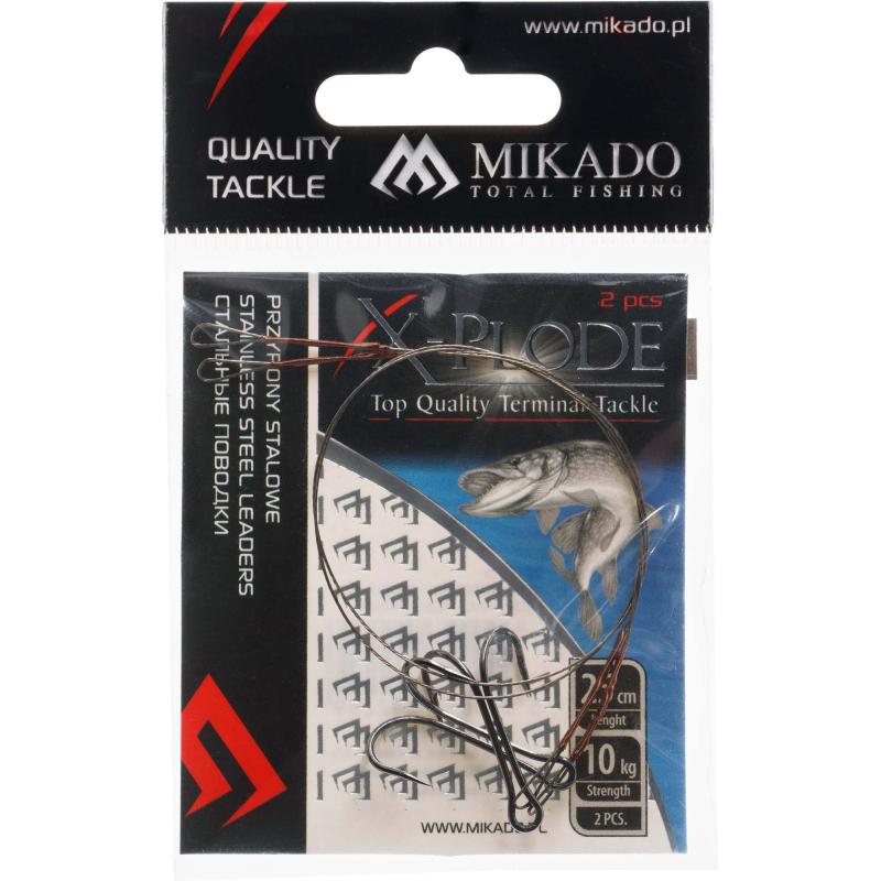 Mikado Stahl-Leader m. Wirbel & doppeltem Drilling 25cm/10Kg - Braun 2St