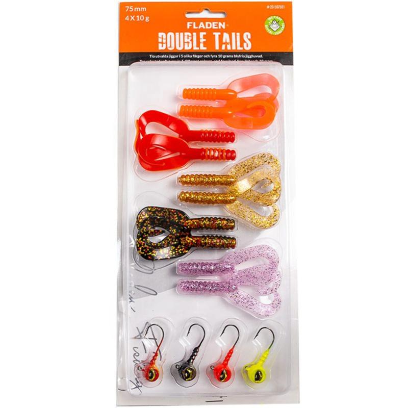 Fladen Soft lure assortment Double Tails 75 mm 10 jigtails, two jigheads 10 gram