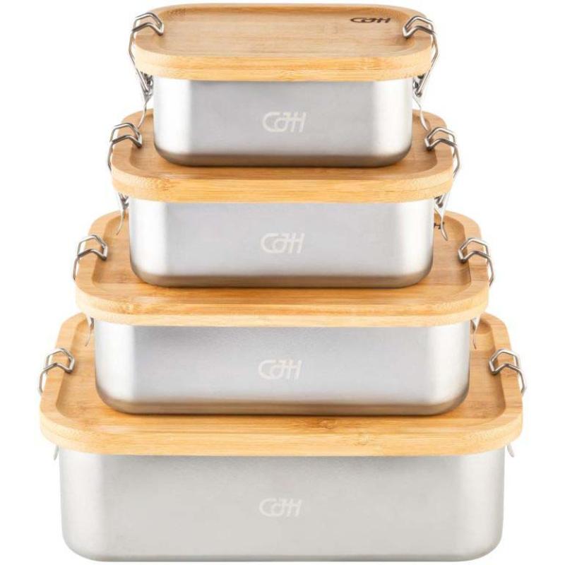 Cjh Edelstahl Lunch Box L, 18/8 Edelstahl, Bambus-Deckel Mit Dichtungsedelstahl Fachteiler, 1400 Ml