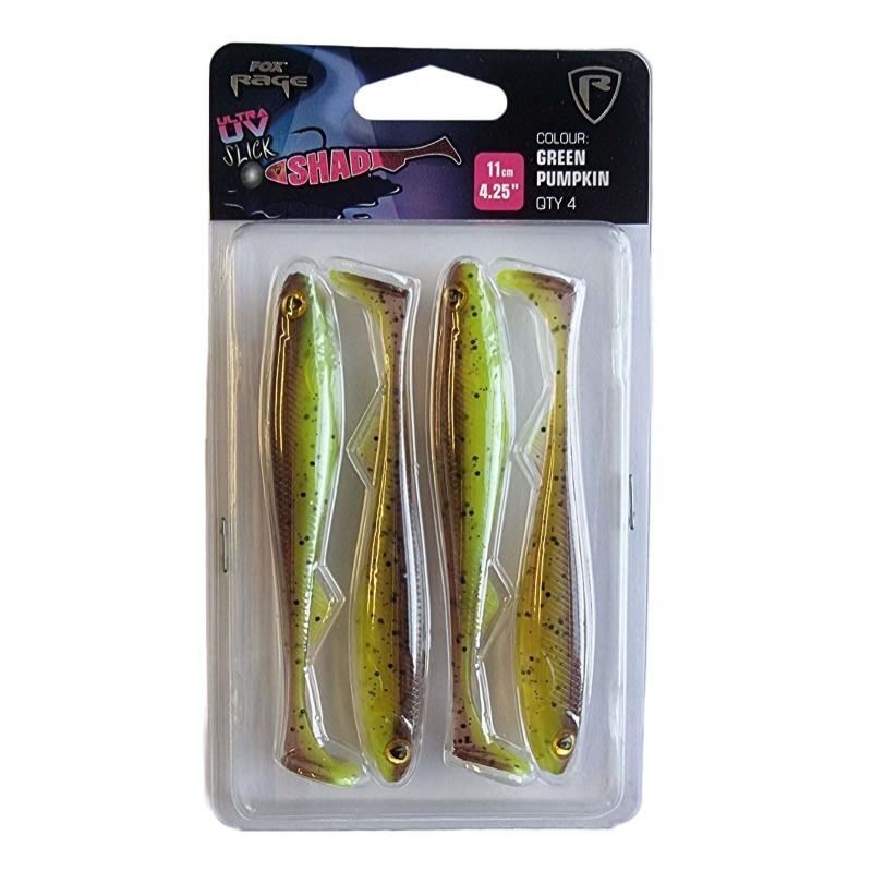 Fox Rage Slick Shad Ultra UV 11cm / 4.25" uv Gr&uuml;n pumpkin x 4