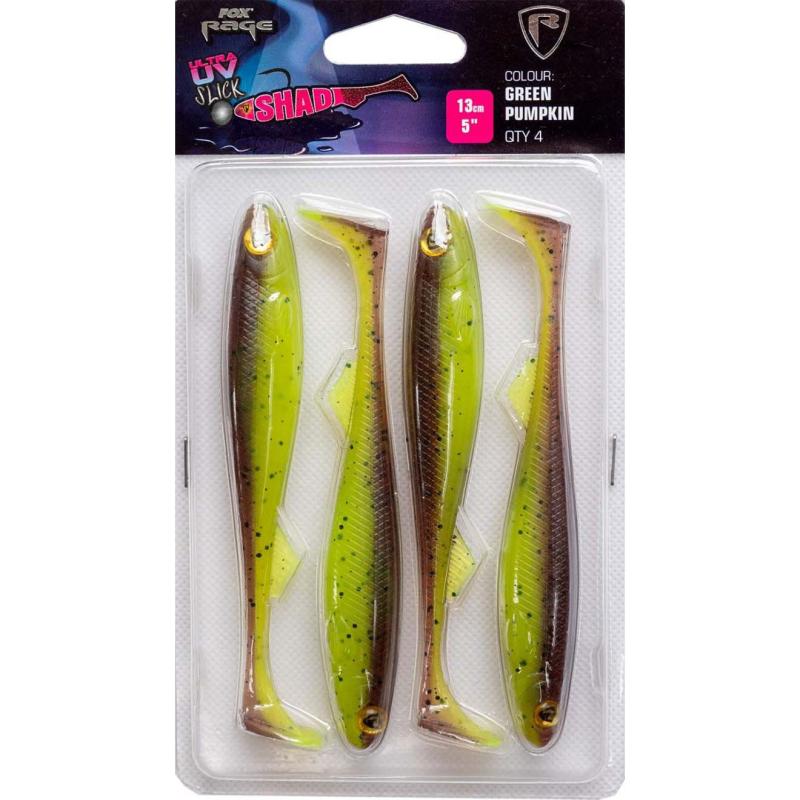 Fox Rage Slick Shad Ultra UV 13cm / 5" uv Gr&uuml;n pumpkin x 4