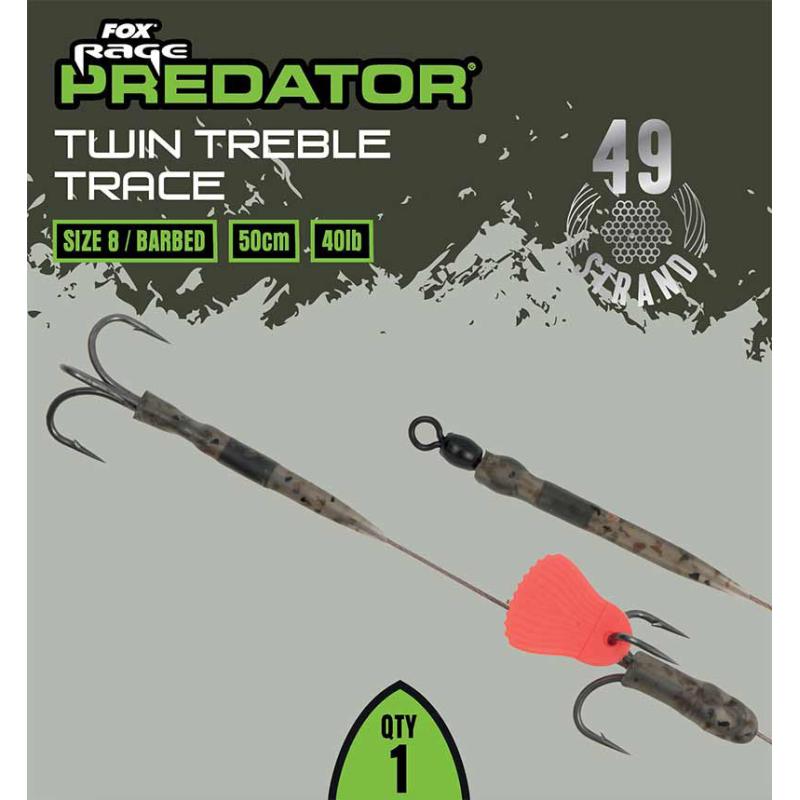 Fox Rage Predator Twin Treble Trace 52cm Size 4 Barbed - 40lb