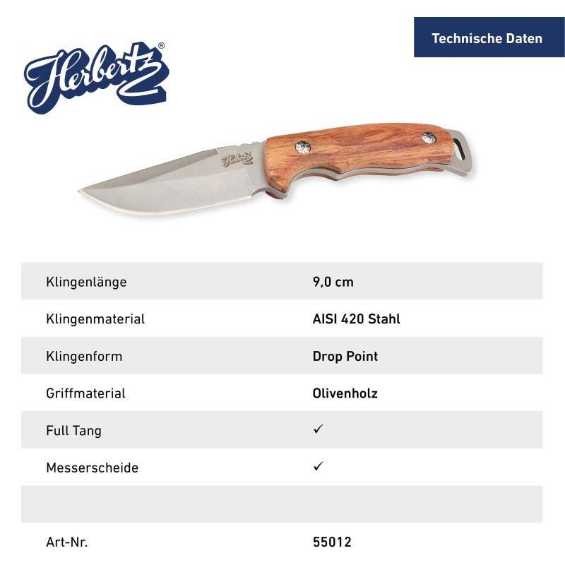 Herbertz G&uuml;rtelmesser, Aisi 420 Stahl, Rostfrei, Olivenholz-Griff