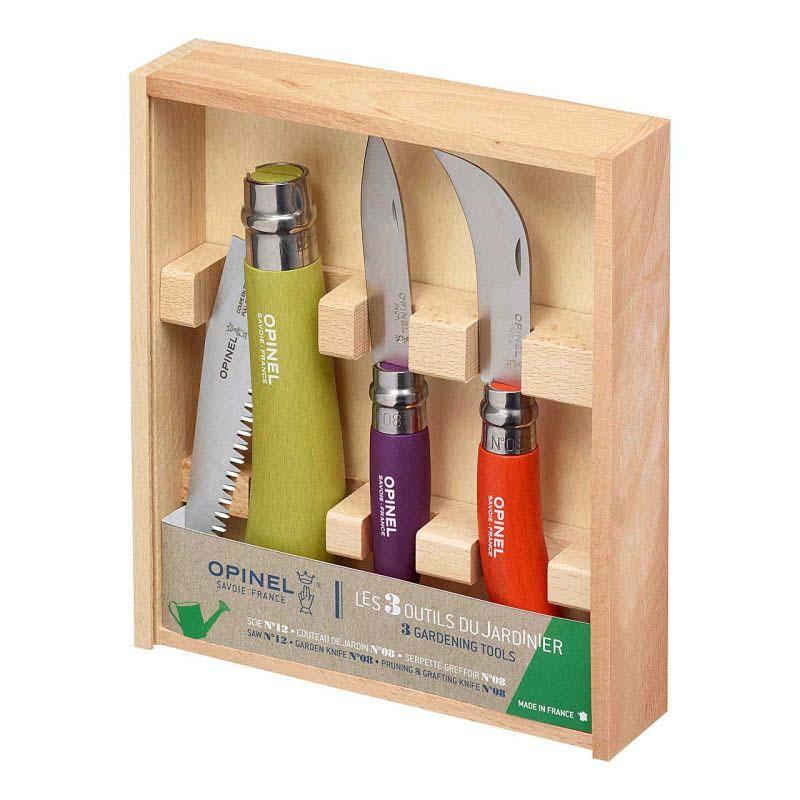 Opinel Garten-Set, Sandvik 12C27-Stahl, Rostfrei, Buchenholz-Griff, S&auml;ge, Gartenmesser, Gartenhippe