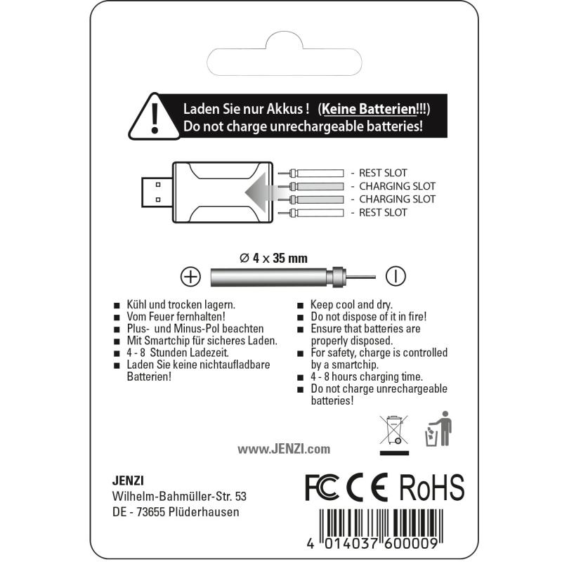 JENZI USB Ladeger&auml;tinkl. 2 Akku-Stab-Batterien